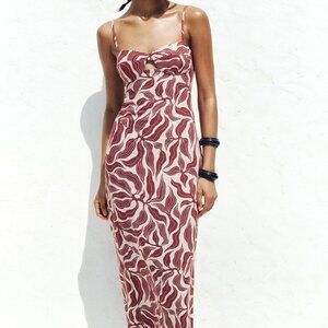 ZARA WOMAN SS25 ECRU/ MAROON PRINTED RUSTIC LINEN MIDI DRESS (NWT)